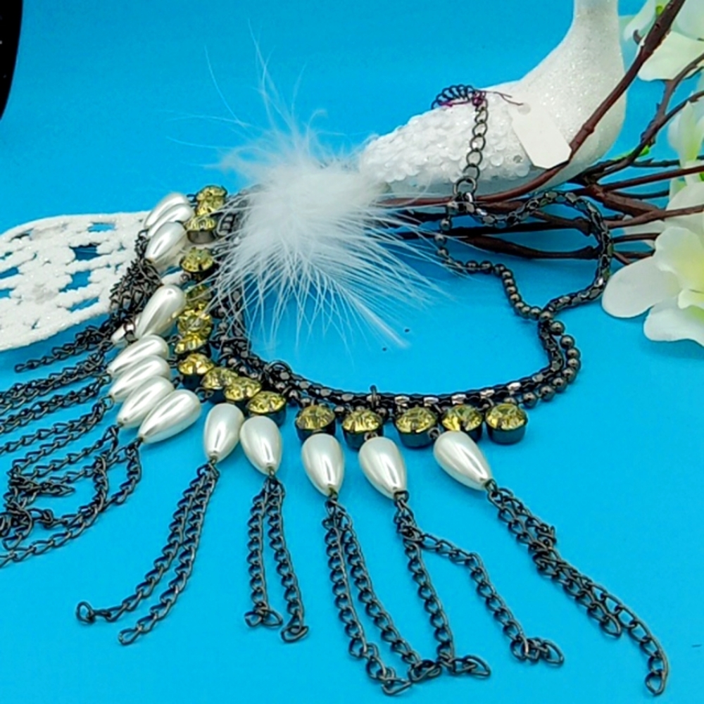 Necklace, pearl with yellow cz's 20" dark oxidated chain  with 11/2"extender